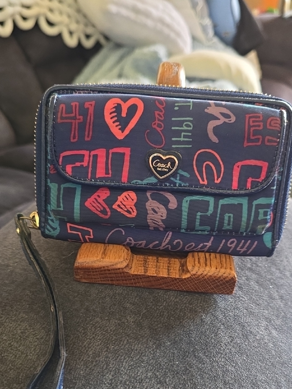 Coach 'Project' Navy Wristlet with Multicolor Script Hearts